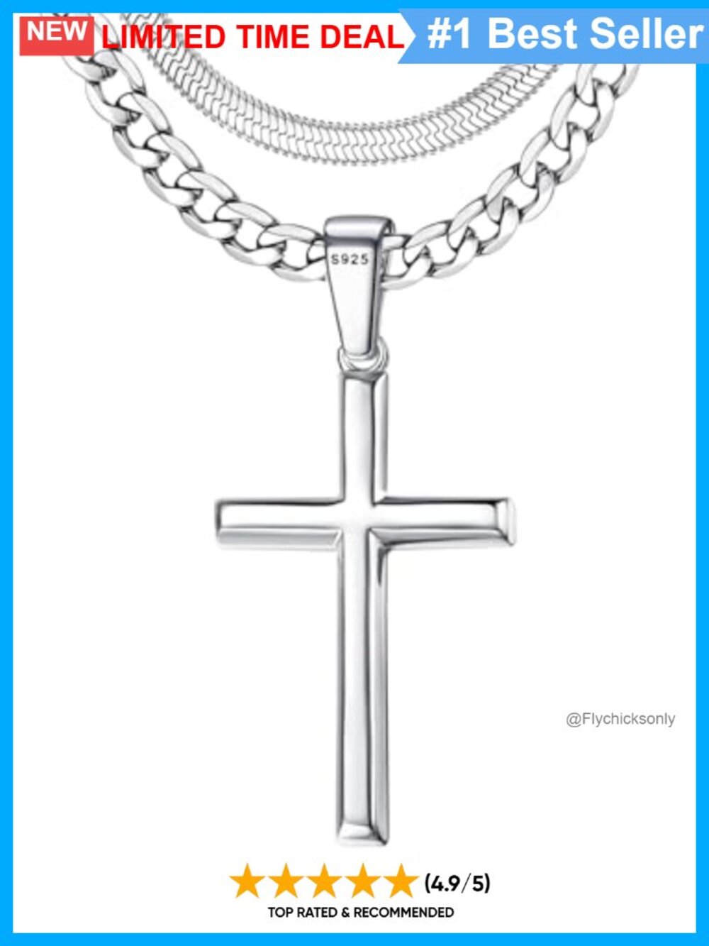 S925 Sterling Silver Cross Pendant Necklace Set Stainless Steel Cuban Link